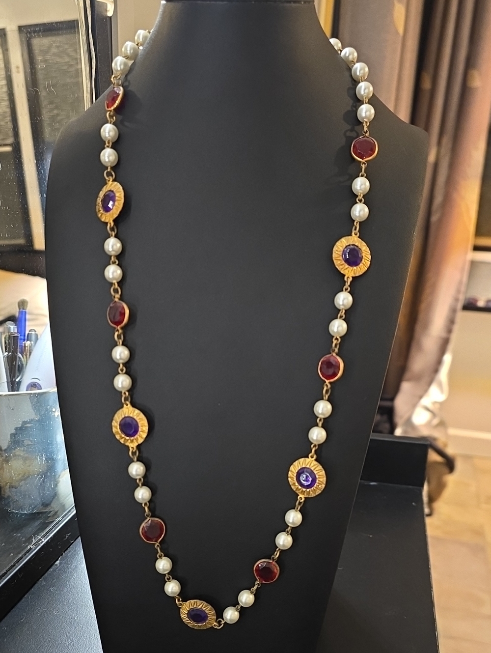 Gold Pearl Station Necklace with Purple and Red Gem Accents